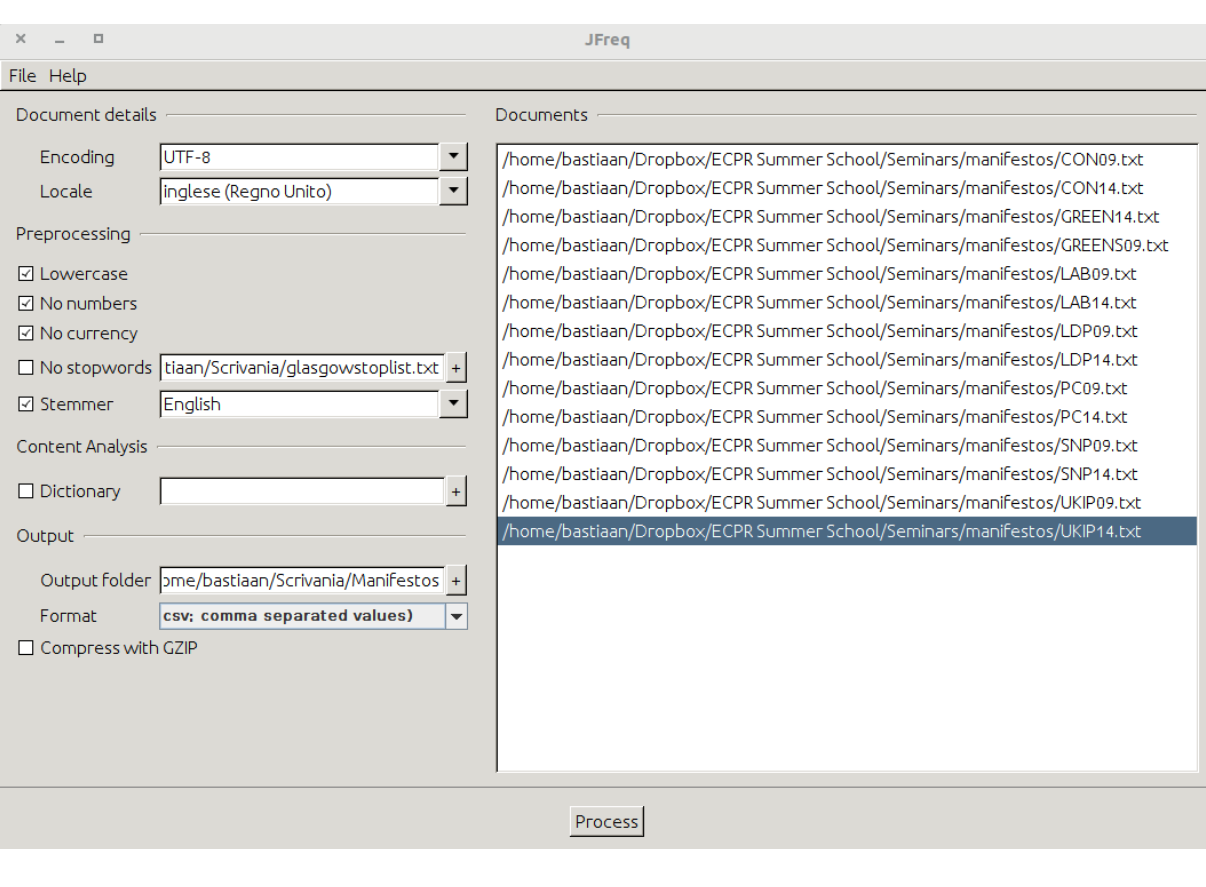 Overview of JFreq with several documents loaded